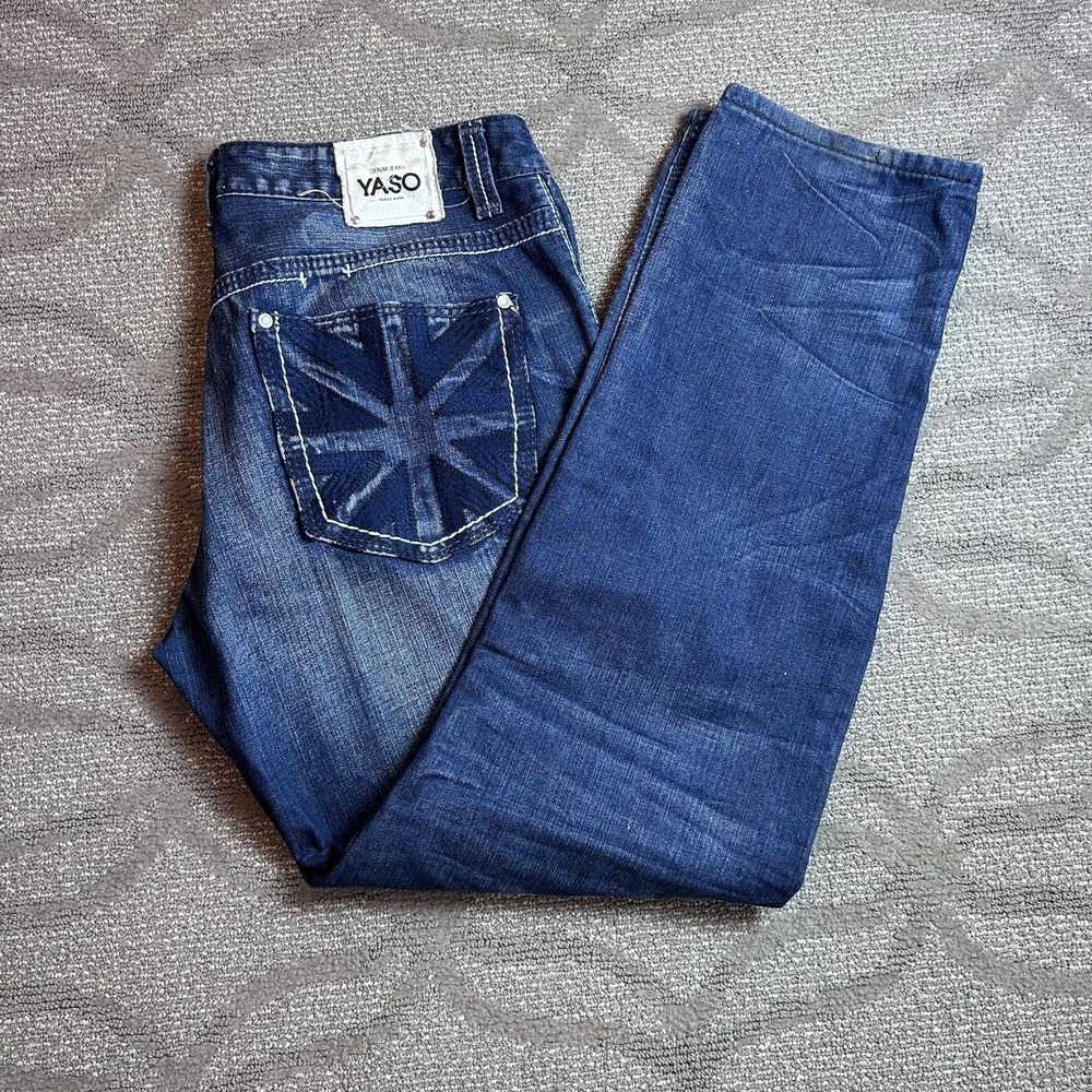 Vintage‎ YASO Jeans Mens 36x33 Blue Straight Distressed Embroidered Pocket Y2K